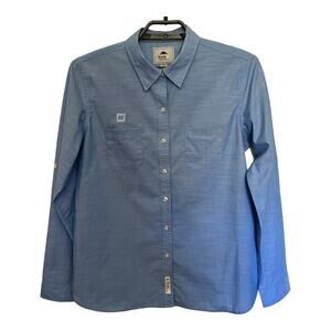 Roots73 Clearwater Button Up Women Shirt Size Large Blue M Patch #97100 Rolltab